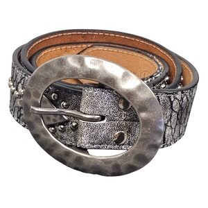 3D Leather Lined Western Belt XL Hammered Oval Buckle Studded Silver Cowboy